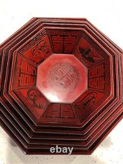 Vintage Set of Six (6) Octagon Wooden Ornate Nesting Serving Platter Trays