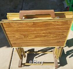 Vintage Standing TV Trays With Cart Faux Wood Mid Century Modern Lot Of Four