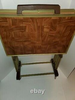 Vintage TV Trays Faux Wood Metal Stand Danish Mid Century Modern Set Of 4 EUC