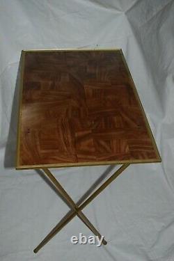 Vintage TV Trays Set Of 4 Faux Wood Grain MCM with Stand Brass Colored Legs