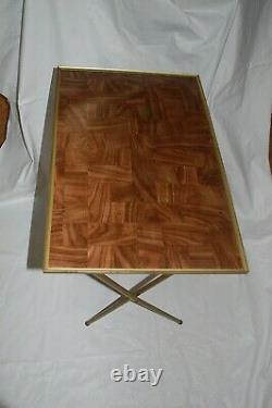 Vintage TV Trays Set Of 4 Faux Wood Grain MCM with Stand Brass Colored Legs