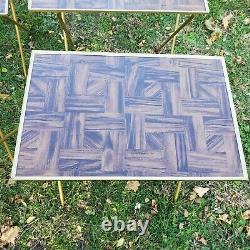 Vintage TV Trays Set of 4 With Stand Faux Parquet Wood Block Pattern Mid Century