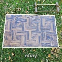 Vintage TV Trays Set of 4 With Stand Faux Parquet Wood Block Pattern Mid Century