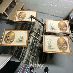 Vintage TV Trays Set of 4 with Rolling Stand Faux Metal Wood Mid Century Modern