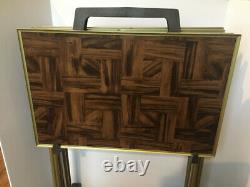 Vintage TV Trays With Stand Set of 4 Faux Parquet Wood Block Pattern MCM EUC
