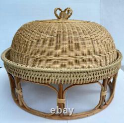 Vintage Thai Handicraft Round Table Tray Rattan Khantoke Set &Rattan Food Cover