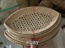 Vintage Thai Handicraft Wicker Crafts Rattan Tray Food Fruit Serving Leave Shape