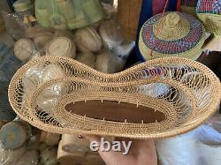Vintage Thai Handicraft Wicker Rattan Wine Basket Tray Fruit Serving Curve Shape