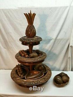 Vintage Tiki Hand Carved Monkey Pod Wood 3 Tier Lazy Susan with Fruits 26in x 15in