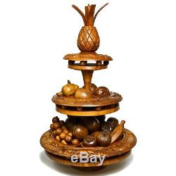 Vintage Tiki Leilani Hand Carved Monkey Pod Wood 3 Tier Lazy Susan with 25 Fruits