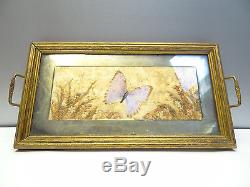 Vintage Used Old Butterfly Floral Glass Wood Kitchen Breakfast Tea Serving Tray