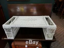 Vintage White Wicker/Rattan Bed Serving Tray with 2 Side Baskets &Removable Tray