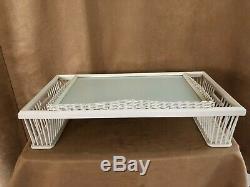 Vintage Wicker Bed Serving Tray white wooden lap desk Book Magazine glass top