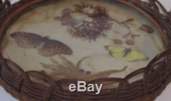Vintage Wicker Round Serving Tray With Butterflies and Plants -1930's EUC