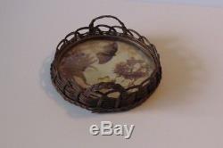 Vintage Wicker Round Serving Tray With Butterflies and Plants -1930's EUC