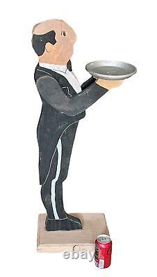 Vintage Wood 36 Waiter Butler Statue with Serving Tray Plate Keys Business Cards