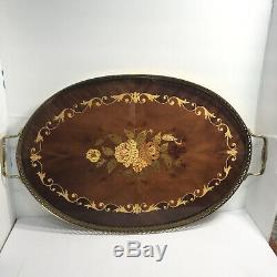 Vintage Wood Inlaid And Brass Serving Tray, Floral Design 20 X 12.5 Used