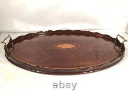 Vintage Wood Large Scalloped Edge Serving Tray Brass Handle Hand Crafted Inlay