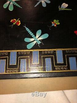 Vintage Wood Serving Tray Insects Dragonfly Bees Incredible! Hand Painted Butler