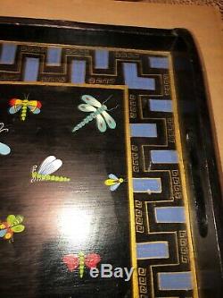 Vintage Wood Serving Tray Insects Dragonfly Bees Incredible! Hand Painted Butler