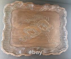 Vintage Wood Serving Tray Tree Oriental House Style Inlay Hand Carved Rare 19