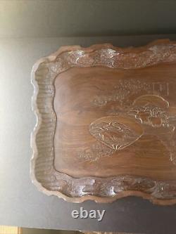 Vintage Wood Serving Tray Tree Oriental House Style Inlay Hand Carved Rare 19