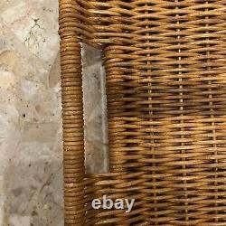 Vintage Wood Wicker Rattan Wood Rectangle Handles Serving Tray 21.75 x 13.75