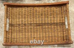 Vintage Wood Wicker Rattan Wood Rectangle Handles Serving Tray 21.75 x 13.75