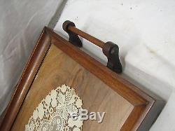 Vintage Wooden Mahogany Ornate Serving Tray Glass Top Lace Coffee Tea Wood