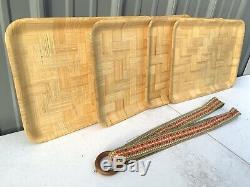 Vintage Wooden Serving TV snack Tray MCM + Strap Bamboo Rattan Weave Wood Woven