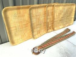 Vintage Wooden Serving TV snack Tray MCM + Strap Bamboo Rattan Weave Wood Woven