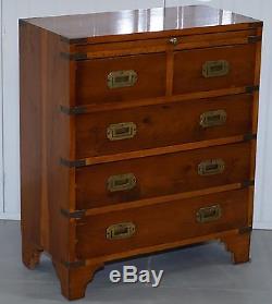 Vintage Yew Wood Veneer Military Campaign Type Chest Of Drawers Serving Tray
