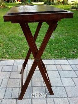 Vintage folding serving tray butler stand oak wood bar arts and crafts mission