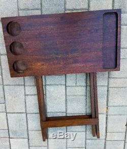 Vintage folding serving tray butler stand oak wood bar arts and crafts mission