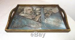 Vintage handmade Art Deco reverse painted glass gilt wood serving drink tray