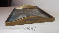 Vintage handmade Art Deco reverse painted glass gilt wood serving drink tray