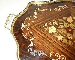 Vintage handmade Italian inlaid floral marquetry wood brass serving tray dish