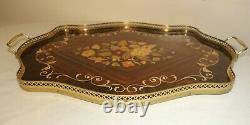 Vintage handmade Italian inlaid floral marquetry wood brass serving tray dish