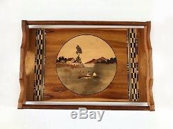 Vintage large wooden serving tray Inlaid Marquetry With Handles