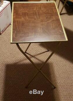 Vintage lot of 4 Standing TV Trays With Stand Faux Parquet Wood Gold Trim MCM
