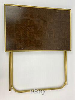 Vintage lot of 4 Standing TV Trays With Stand Faux Parquet Wood Gold Trim MCM
