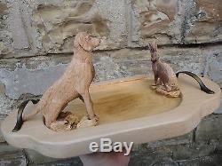 Vintage signed hand carving wood serving tray platter Plateau Hunting Dog rabbit