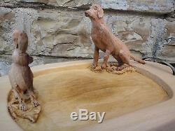 Vintage signed hand carving wood serving tray platter Plateau Hunting Dog rabbit