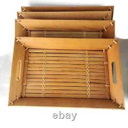 Vintage split bamboo wood serving trays (set of 4) handles handmade 14x9 inches