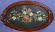 Vintage wood serving tray with metal handles, embroidery flowers and glass cover