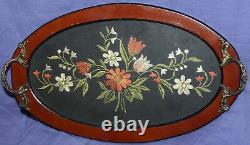 Vintage wood serving tray with metal handles, embroidery flowers and glass cover