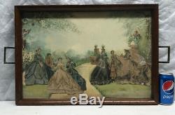 Vtg 30-40s LG Wood Frame Glass Cut Out Victorian Women Watercolor Serving Tray