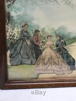 Vtg 30-40s LG Wood Frame Glass Cut Out Victorian Women Watercolor Serving Tray