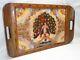 Vtg / Antique Exotic Wood Tray Butterfly Wing Reverse Glass Painting Peacock Art