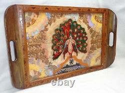 Vtg / Antique Exotic Wood Tray Butterfly Wing Reverse Glass Painting Peacock Art